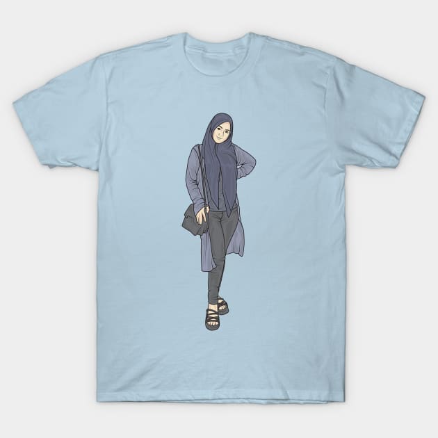 Beautiful woman wearing a hijab wearing a blue shirt with a blue cardigan and tight black trousers T-Shirt by crissbahari